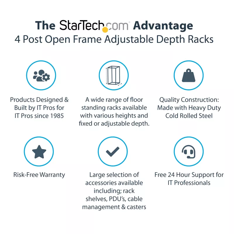 StarTech.com 4-stĺpový 18U mobilný open-frame serverový rack, štvrstĺpový 19-palcový sieťový rack s kolieskami, pojazdný rack s nastaviteľnou hĺbkou pre počítače/AV/dáta/IT vybavenie – kolieska, vyrovnávacie nožičky alebo montáž na podlahu
