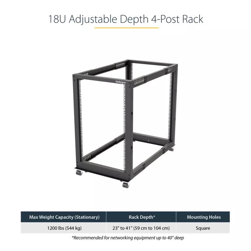 StarTech.com 4-stĺpový 18U mobilný open-frame serverový rack, štvrstĺpový 19-palcový sieťový rack s kolieskami, pojazdný rack s nastaviteľnou hĺbkou pre počítače/AV/dáta/IT vybavenie – kolieska, vyrovnávacie nožičky alebo montáž na podlahu