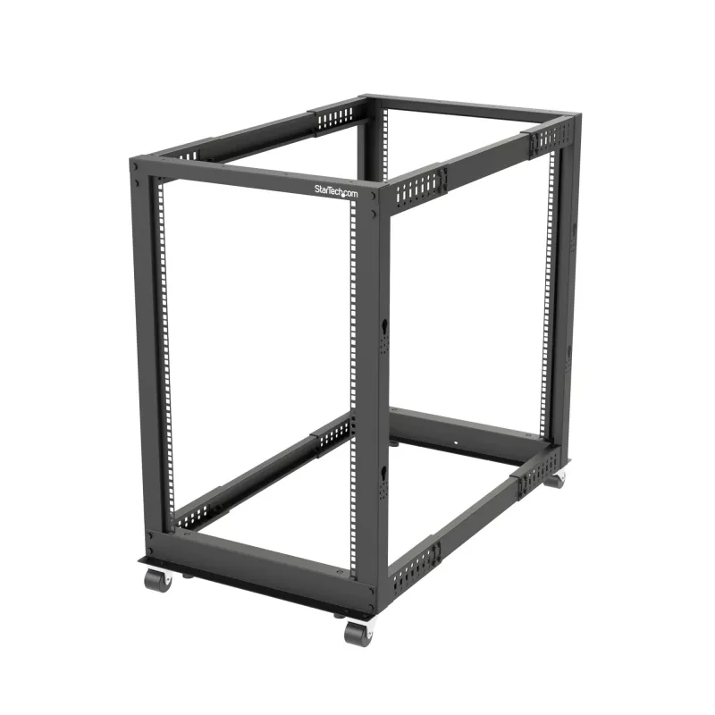StarTech.com 4-stĺpový 18U mobilný open-frame serverový rack, štvrstĺpový 19-palcový sieťový rack s kolieskami, pojazdný rack s nastaviteľnou hĺbkou pre počítače/AV/dáta/IT vybavenie – kolieska, vyrovnávacie nožičky alebo montáž na podlahu