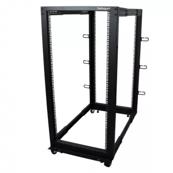 StarTech.com 4-stĺpový 25U mobilný open-frame serverový rack, štvrstĺpový 19-palcový sieťový rack s kolieskami, pojazdný rack s nastaviteľnou hĺbkou pre počítače/AV/dáta/IT vybavenie – kolieska, vyrovnávacie nožičky alebo montáž na podlahu