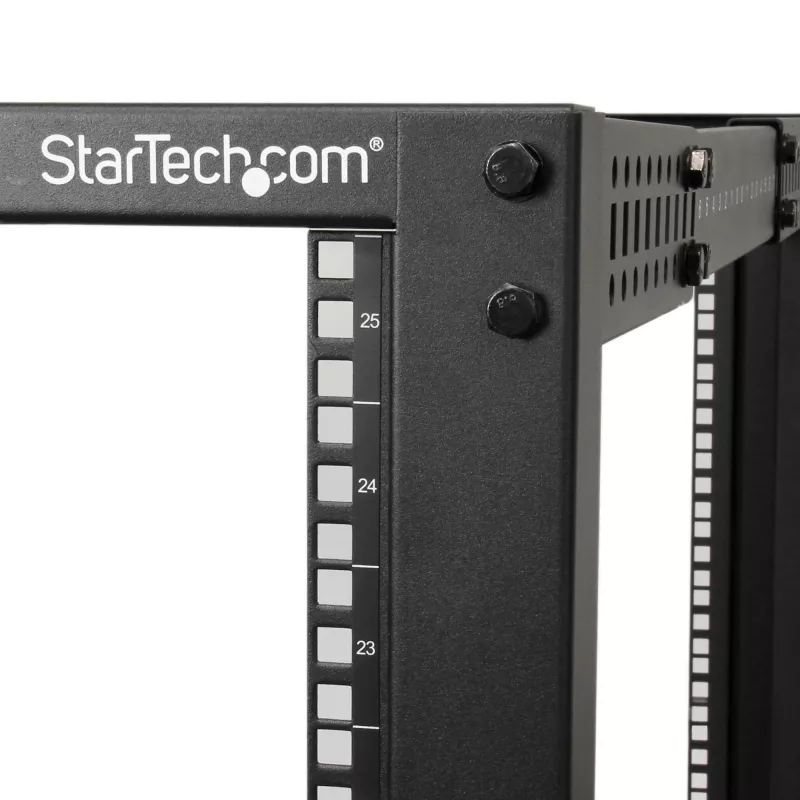 StarTech.com 4-stĺpový 25U mobilný open-frame serverový rack, štvrstĺpový 19-palcový sieťový rack s kolieskami, pojazdný rack s nastaviteľnou hĺbkou pre počítače/AV/dáta/IT vybavenie – kolieska, vyrovnávacie nožičky alebo montáž na podlahu