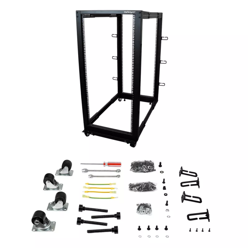 StarTech.com 4-stĺpový 25U mobilný open-frame serverový rack, štvrstĺpový 19-palcový sieťový rack s kolieskami, pojazdný rack s nastaviteľnou hĺbkou pre počítače/AV/dáta/IT vybavenie – kolieska, vyrovnávacie nožičky alebo montáž na podlahu