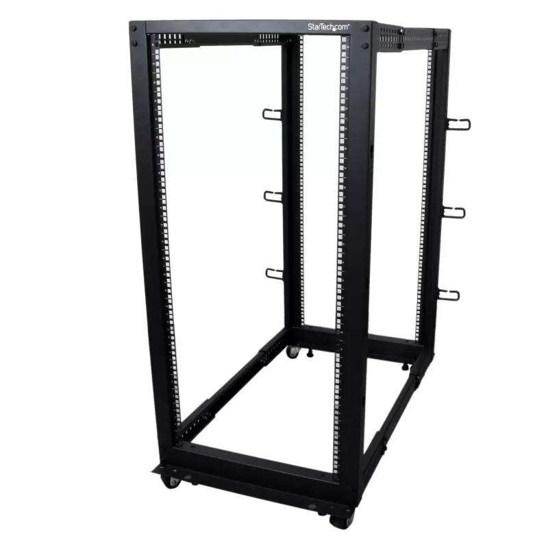 StarTech.com 4-stĺpový 25U mobilný open-frame serverový rack, štvrstĺpový 19-palcový sieťový rack s kolieskami, pojazdný rack s nastaviteľnou hĺbkou pre počítače/AV/dáta/IT vybavenie – kolieska, vyrovnávacie nožičky alebo montáž na podlahu