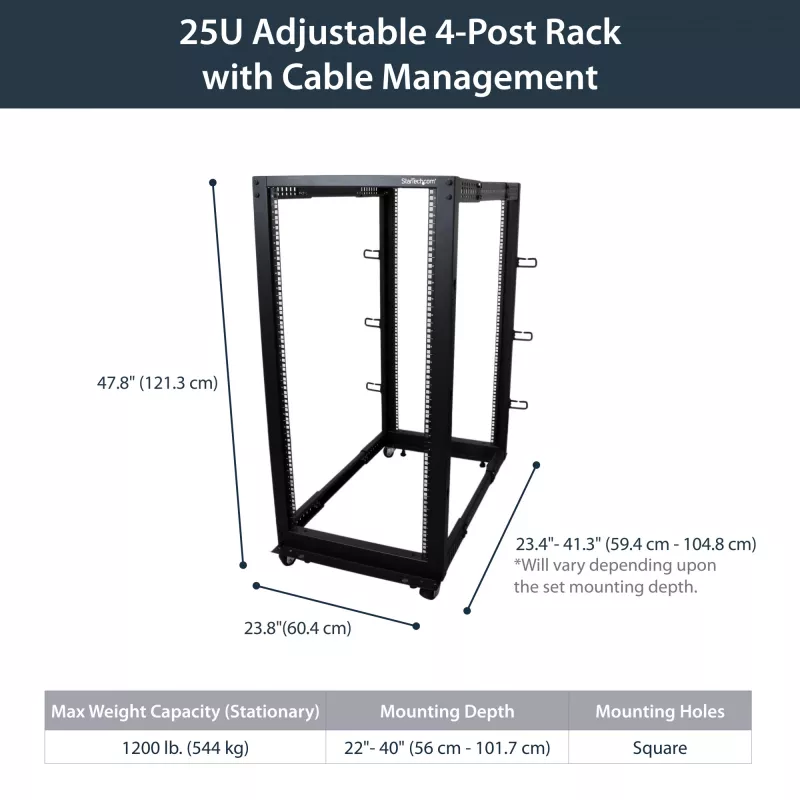 StarTech.com 4-stĺpový 25U mobilný open-frame serverový rack, štvrstĺpový 19-palcový sieťový rack s kolieskami, pojazdný rack s nastaviteľnou hĺbkou pre počítače/AV/dáta/IT vybavenie – kolieska, vyrovnávacie nožičky alebo montáž na podlahu