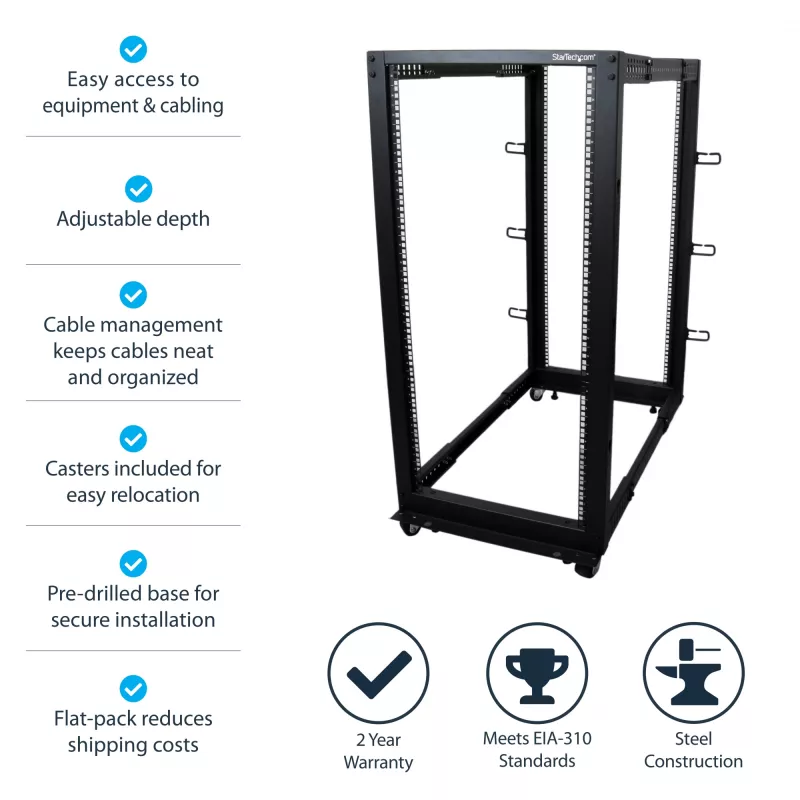 StarTech.com 4-stĺpový 25U mobilný open-frame serverový rack, štvrstĺpový 19-palcový sieťový rack s kolieskami, pojazdný rack s nastaviteľnou hĺbkou pre počítače/AV/dáta/IT vybavenie – kolieska, vyrovnávacie nožičky alebo montáž na podlahu