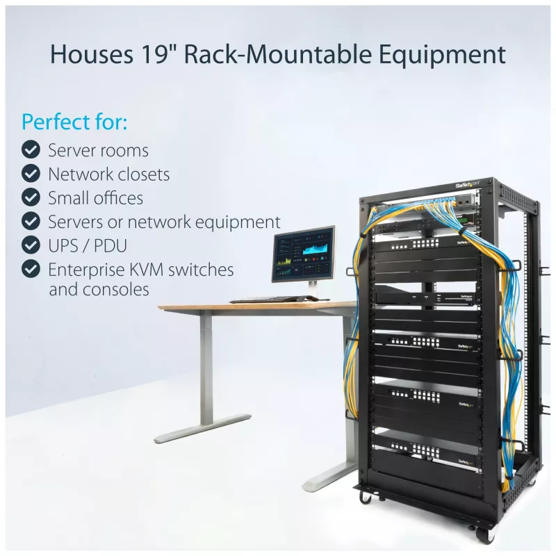 StarTech.com 4-stĺpový 25U mobilný open-frame serverový rack, štvrstĺpový 19-palcový sieťový rack s kolieskami, pojazdný rack s nastaviteľnou hĺbkou pre počítače/AV/dáta/IT vybavenie – kolieska, vyrovnávacie nožičky alebo montáž na podlahu