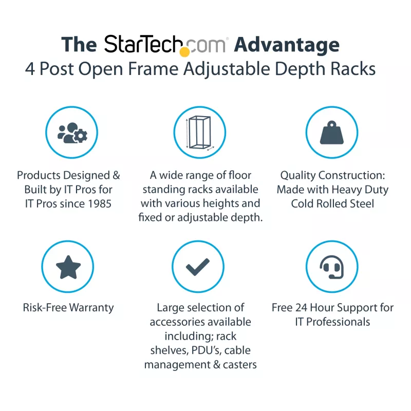 StarTech.com 4-stĺpový 25U mobilný open-frame serverový rack, štvrstĺpový 19-palcový sieťový rack s kolieskami, pojazdný rack s nastaviteľnou hĺbkou pre počítače/AV/dáta/IT vybavenie – kolieska, vyrovnávacie nožičky alebo montáž na podlahu