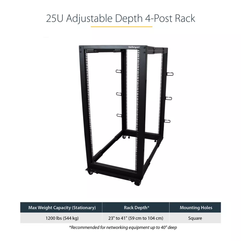 StarTech.com 4-stĺpový 25U mobilný open-frame serverový rack, štvrstĺpový 19-palcový sieťový rack s kolieskami, pojazdný rack s nastaviteľnou hĺbkou pre počítače/AV/dáta/IT vybavenie – kolieska, vyrovnávacie nožičky alebo montáž na podlahu