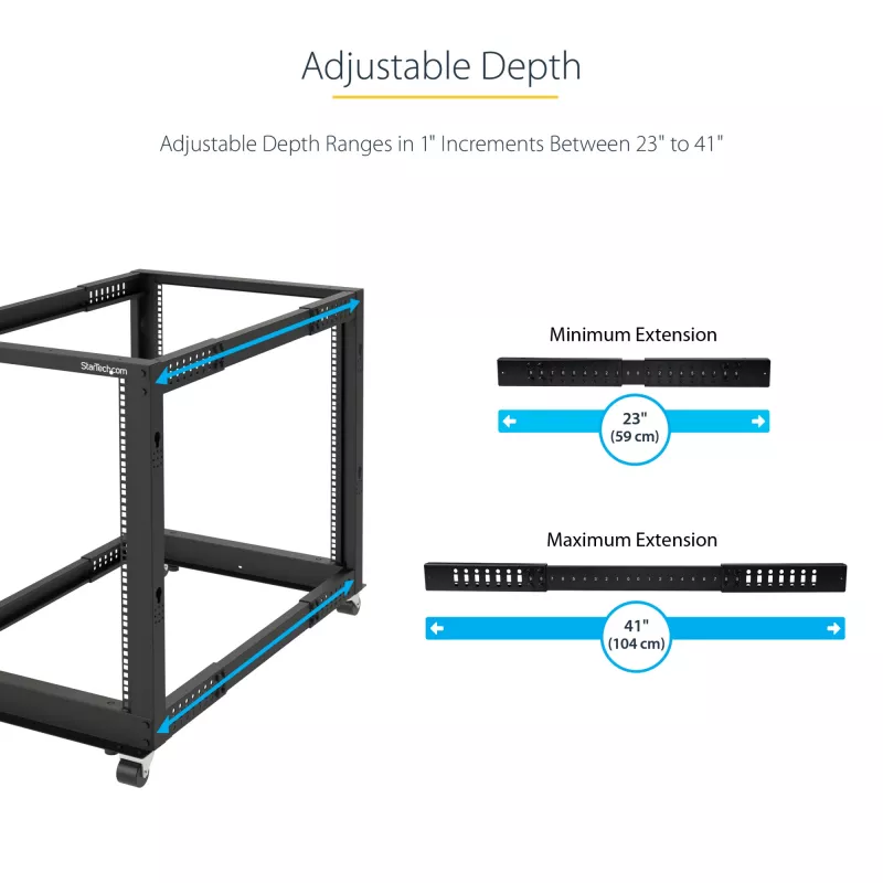 StarTech.com 4-stĺpový 25U mobilný open-frame serverový rack, štvrstĺpový 19-palcový sieťový rack s kolieskami, pojazdný rack s nastaviteľnou hĺbkou pre počítače/AV/dáta/IT vybavenie – kolieska, vyrovnávacie nožičky alebo montáž na podlahu