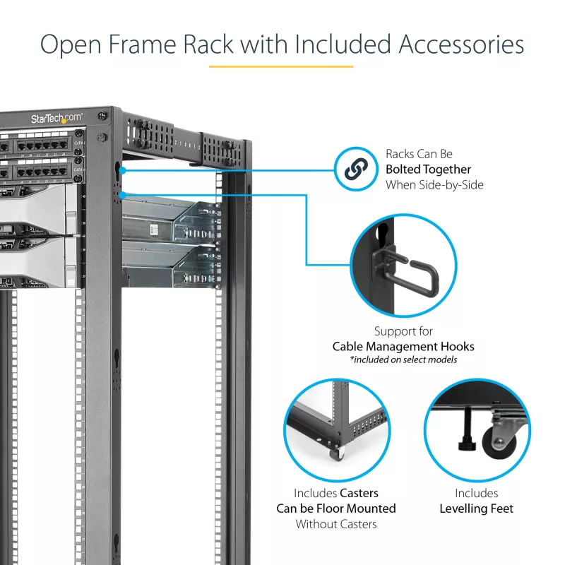 StarTech.com 4-stĺpový 25U mobilný open-frame serverový rack, štvrstĺpový 19-palcový sieťový rack s kolieskami, pojazdný rack s nastaviteľnou hĺbkou pre počítače/AV/dáta/IT vybavenie – kolieska, vyrovnávacie nožičky alebo montáž na podlahu