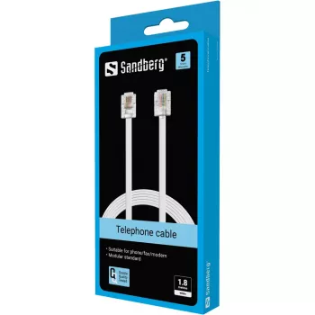 Sandberg telefónny kábel RJ11-RJ11 1,8 m, 1,8 m, RJ11, RJ11, konektor samec, konektor samec, biely
