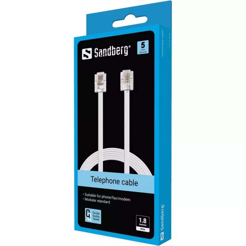Sandberg telefónny kábel RJ11-RJ11 1,8 m, 1,8 m, RJ11, RJ11, konektor samec, konektor samec, biely
