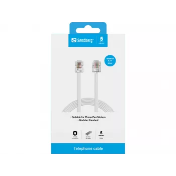 Sandberg telefónny kábel RJ11-RJ11 5 m, 5 m, RJ11, RJ11, konektor samec, konektor samec, biely