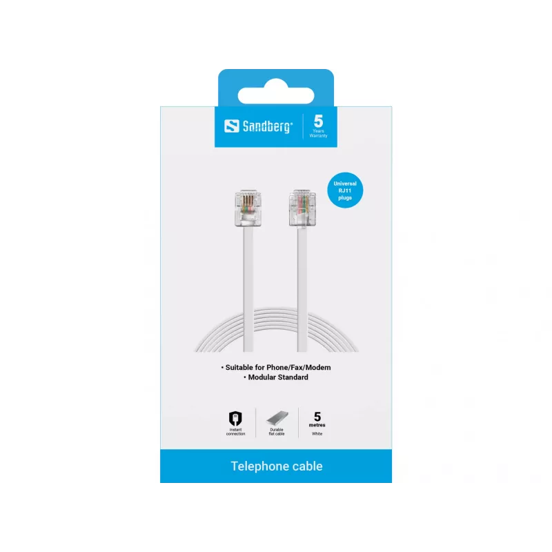 Sandberg telefónny kábel RJ11-RJ11 5 m, 5 m, RJ11, RJ11, konektor samec, konektor samec, biely