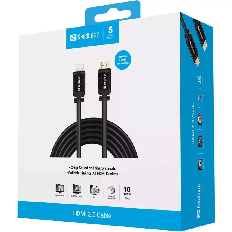 Sandberg HDMI 2.0 kábel 19M-19M, 10 m, HDMI Type-A (štandard), HDMI Type-A (štandard), čierny