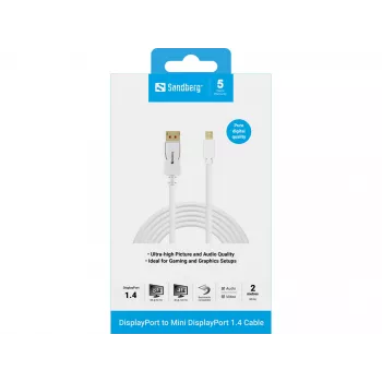 Sandberg DP-MiniDP 1.4 8K60Hz 2m, 2 m, DisplayPort, Mini DisplayPort, konektor samec, konektor samec, 7680 x 4320 pixelov