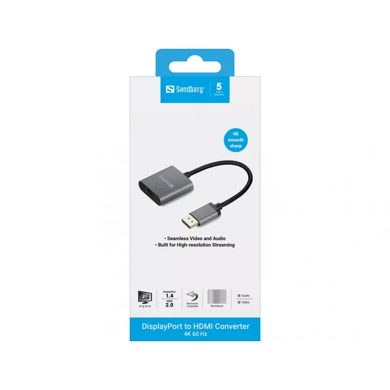 Sandberg adaptér DisplayPort 1.4 na HDMI 2.0 4K, DisplayPort, HDMI Type-A (štandard), konektor samec, konektor samica, 3840 x 2160 pixelov, 6 Gbit/s