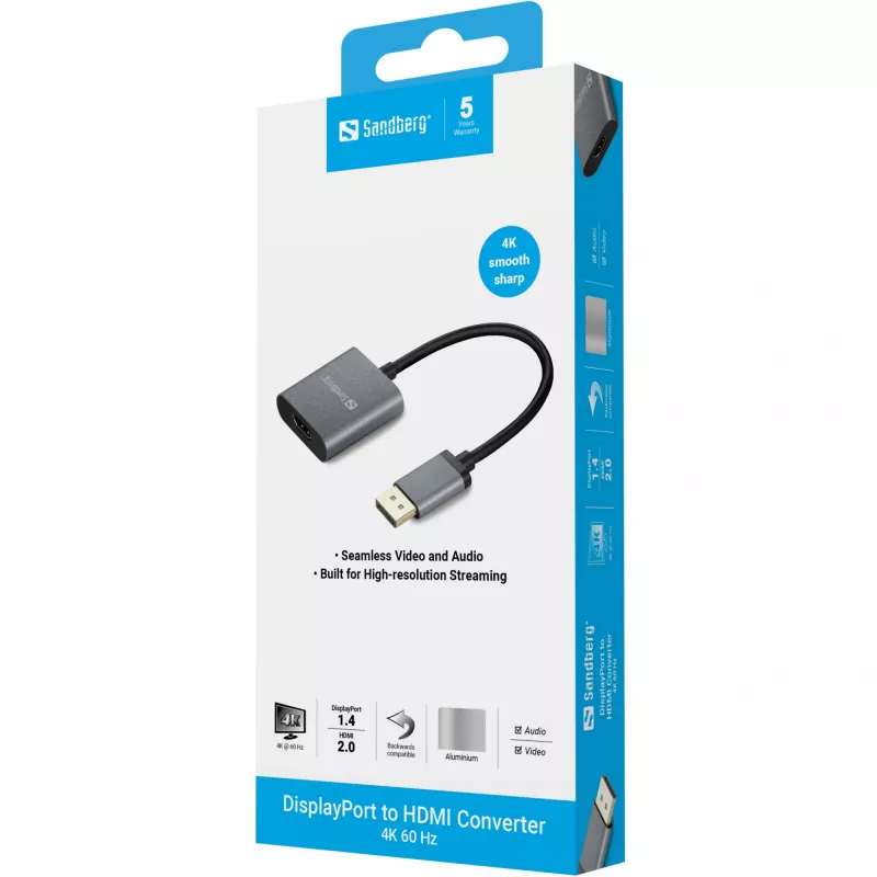 Sandberg adaptér DisplayPort 1.4 na HDMI 2.0 4K, DisplayPort, HDMI Type-A (štandard), konektor samec, konektor samica, 3840 x 2160 pixelov, 6 Gbit/s