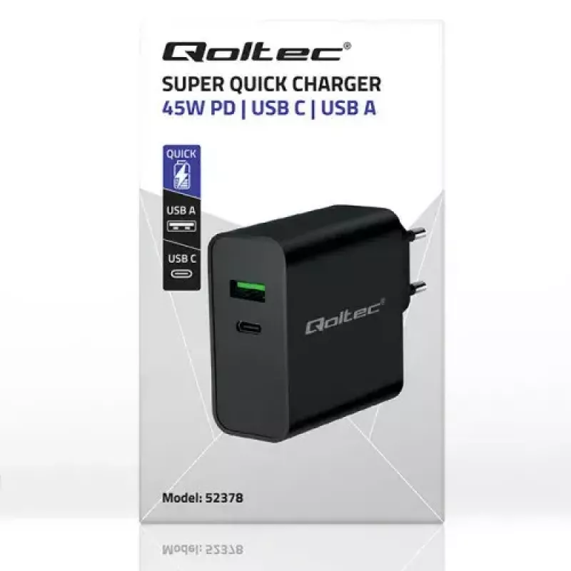 Nabíjačka Qoltec 52378 interiérová AC rýchlonabíjačka 3A USB Type-C čierna