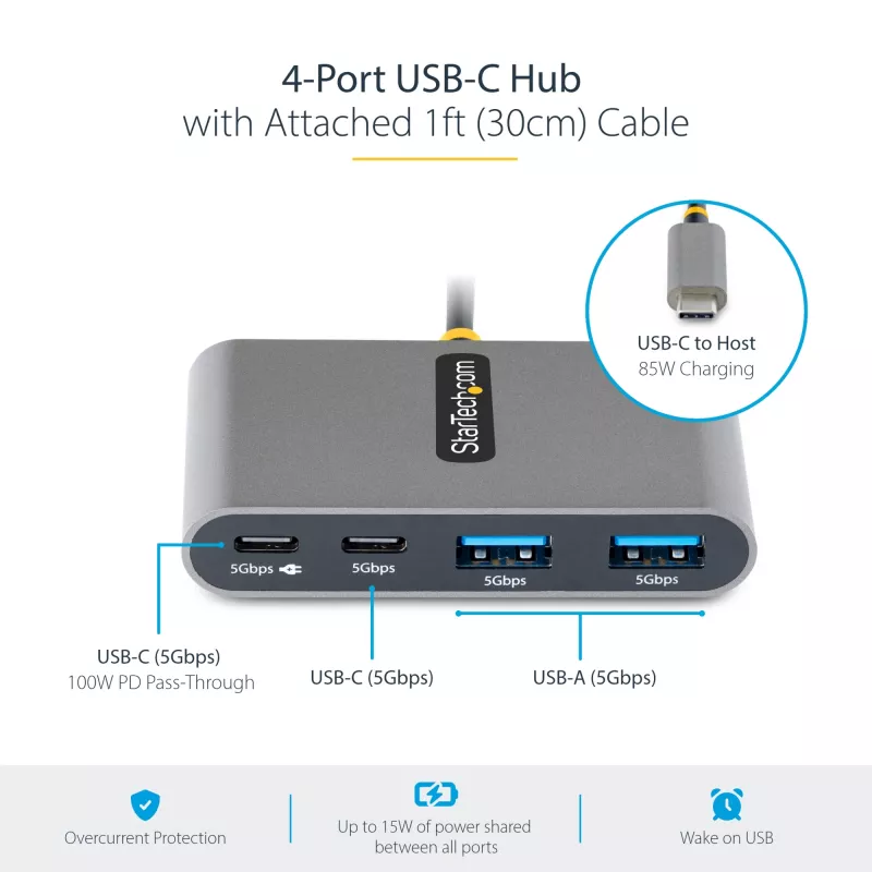 StarTech.com 4-portový USB-C hub so 100W Power Delivery Pass-Through – 2x USB-A + 2x USB-C – USB 3.0 5Gbps – 1ft (30cm) dlhý kábel – prenosný USB Type-C na USB-A/C hub