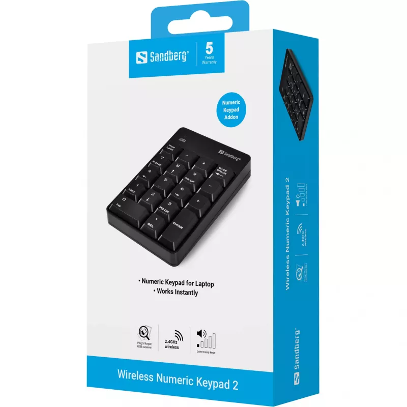 Sandberg bezdrôtová numerická klávesnica 2, RF Wireless, 18, laptop/PC, čierna