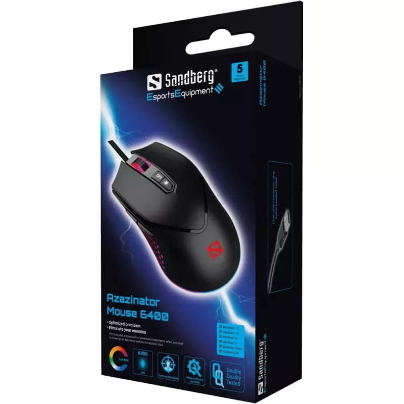 Sandberg Azazinator myš 6400, pravácka, USB Type-A, 6400 DPI, čierna