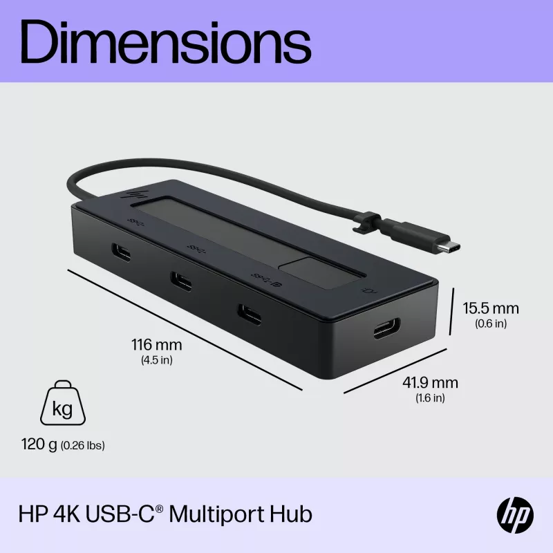 HP 4K USB-C multiport hub, USB Type-C, USB 3.2 Gen 2 (3.1 Gen 2) Type-C, 10000 Mbit/s, čierny, 4K Ultra HD, Čína