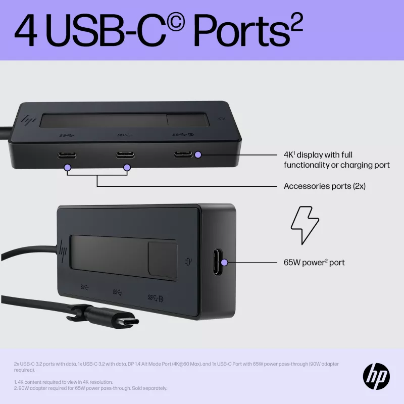 HP 4K USB-C multiport hub, USB Type-C, USB 3.2 Gen 2 (3.1 Gen 2) Type-C, 10000 Mbit/s, čierny, 4K Ultra HD, Čína