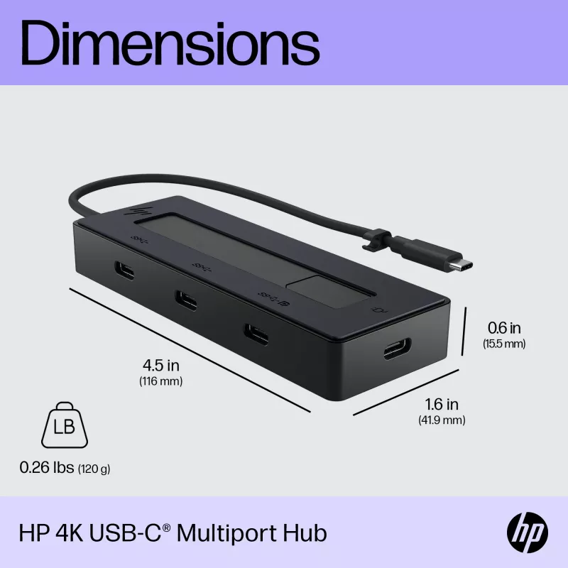 HP 4K USB-C multiport hub, USB Type-C, USB 3.2 Gen 2 (3.1 Gen 2) Type-C, 10000 Mbit/s, čierny, 4K Ultra HD, Čína