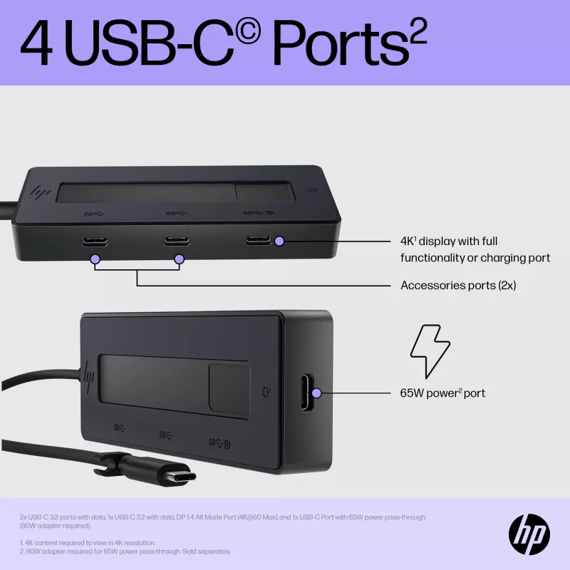 HP 4K USB-C multiport hub, USB Type-C, USB 3.2 Gen 2 (3.1 Gen 2) Type-C, 10000 Mbit/s, čierny, 4K Ultra HD, Čína