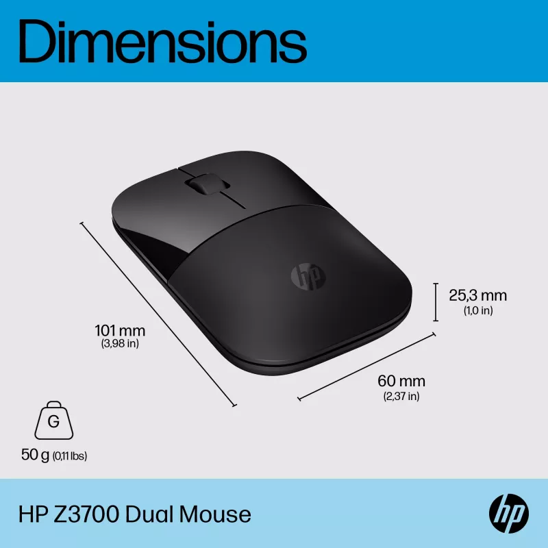 HP Z3700 Dual čierna myš, obojručná, RF Wireless, 1600 DPI, čierna