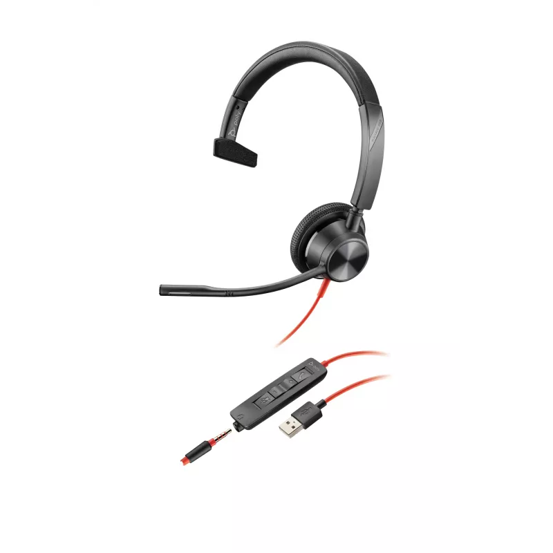 HP Poly Poly Blackwire 3315 USB-A headset, káblový, 20 - 20000 Hz, kancelária/call centrum, 102 g, headset, čierna, červená