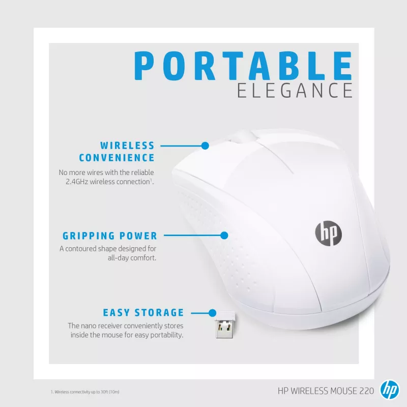 HP Wireless myš 220 (snehobiela), optická, RF Wireless, biela