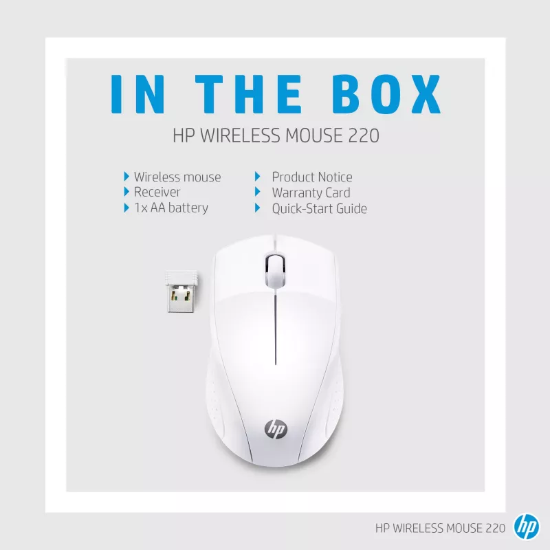 HP Wireless myš 220 (snehobiela), optická, RF Wireless, biela