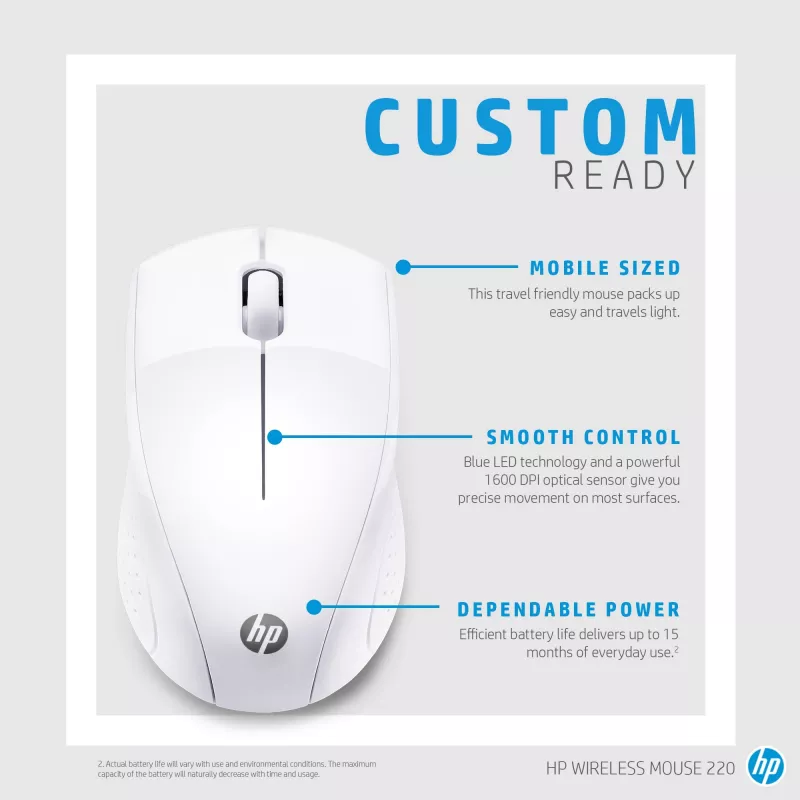 HP Wireless myš 220 (snehobiela), optická, RF Wireless, biela
