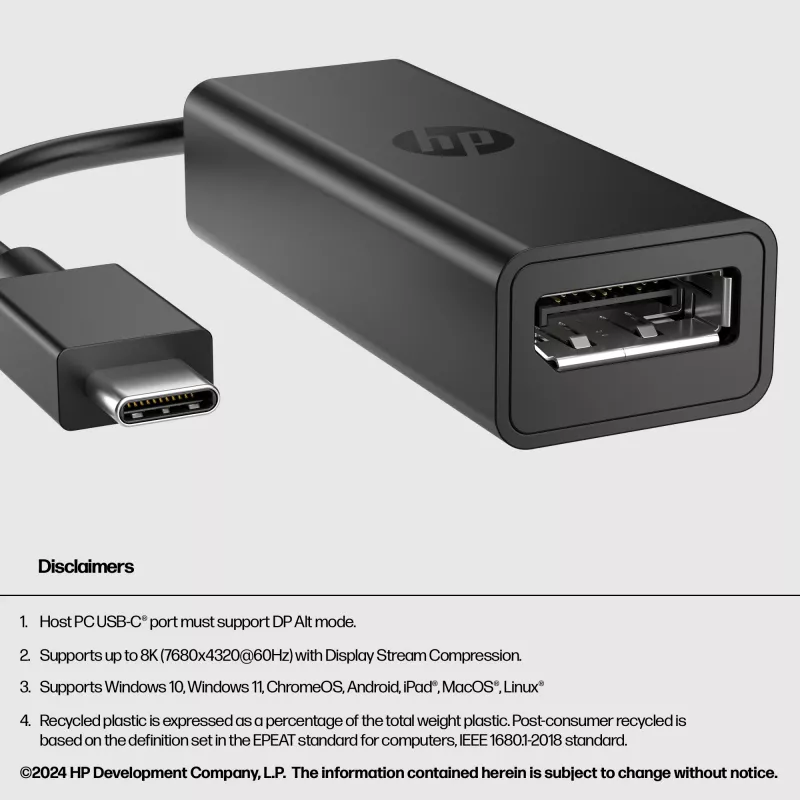 HP 8Y8Y1AA adaptér z USB-C na DisplayPort G2, 8K (7680 x 4320), čierny