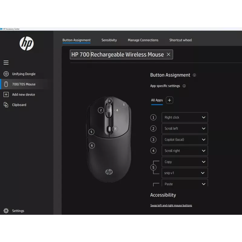 HP 700 nabíjateľná bezdrôtová myš, obojručná, RF Wireless + Bluetooth, 6000 DPI, čierna