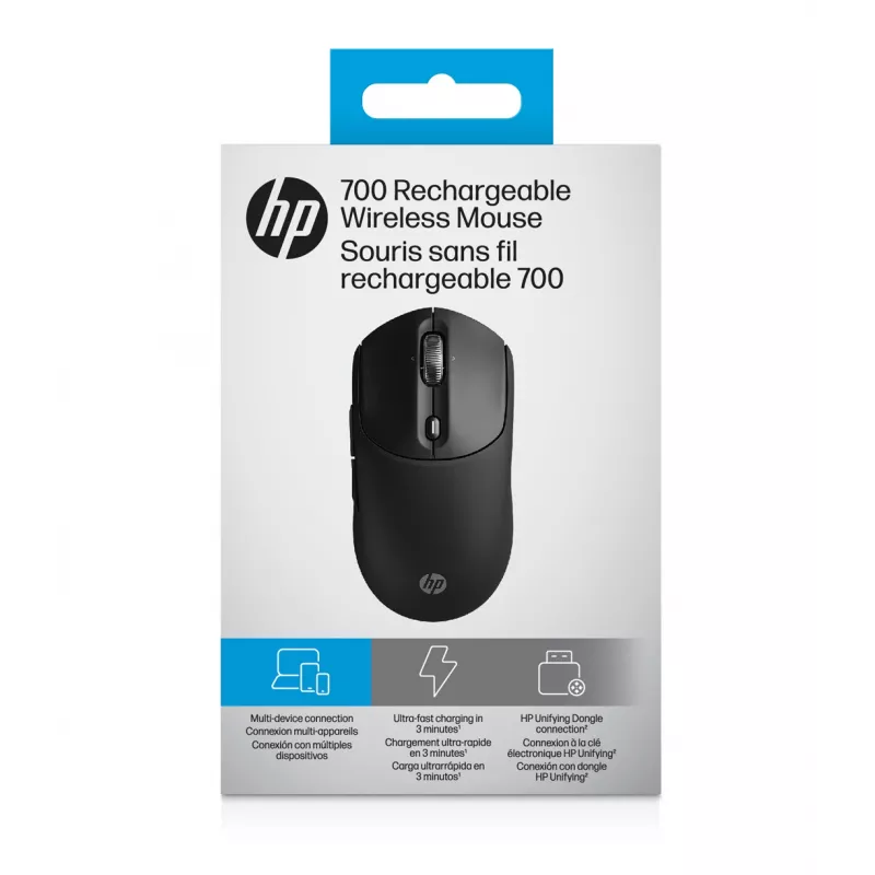 HP 700 nabíjateľná bezdrôtová myš, obojručná, RF Wireless + Bluetooth, 6000 DPI, čierna