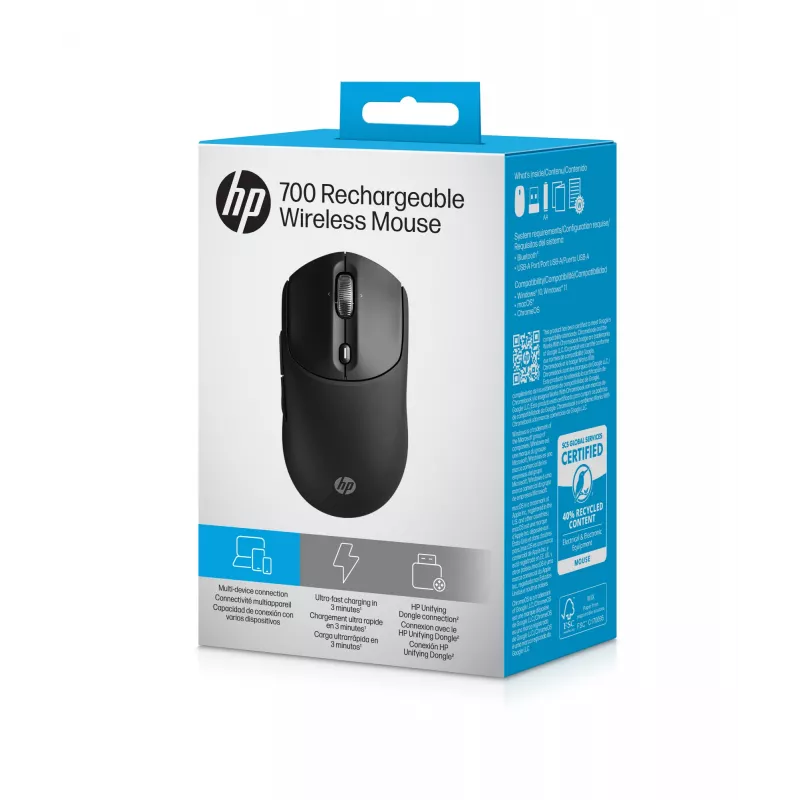 HP 700 nabíjateľná bezdrôtová myš, obojručná, RF Wireless + Bluetooth, 6000 DPI, čierna