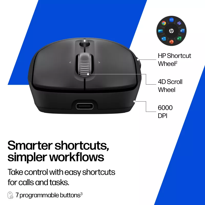 HP 700 nabíjateľná bezdrôtová myš, obojručná, RF Wireless + Bluetooth, 6000 DPI, čierna
