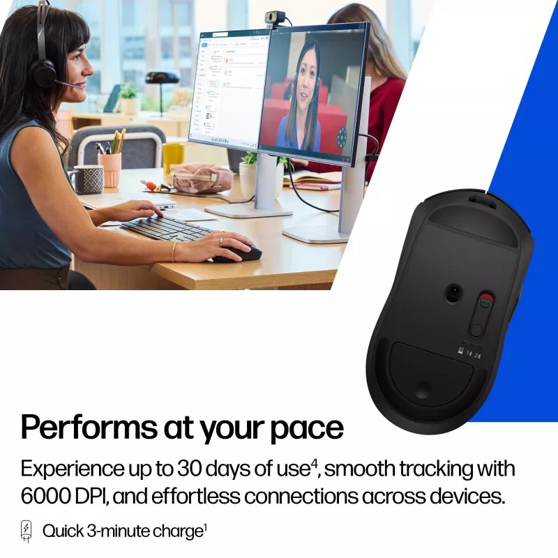 HP 700 nabíjateľná bezdrôtová myš, obojručná, RF Wireless + Bluetooth, 6000 DPI, čierna