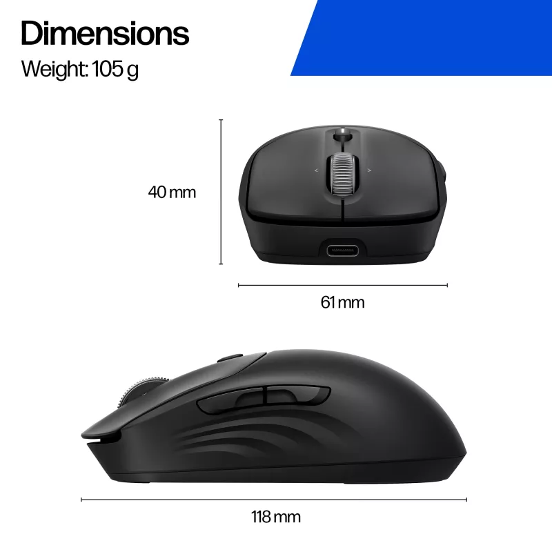 HP 700 nabíjateľná bezdrôtová myš, obojručná, RF Wireless + Bluetooth, 6000 DPI, čierna