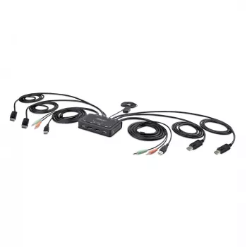 StarTech.com 2-portový KVM switch s DisplayPort káblom pre dva monitory, 4K 60Hz, kompaktný KVM switch s integrovanými 1,5 m USB-A/DisplayPort/audio káblami, napájaný zbernicou – prepínanie diaľkovým tlačidlom/hotkeymi
