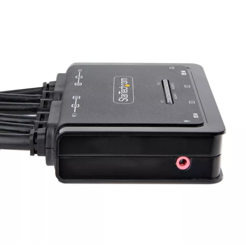 StarTech.com 2-portový KVM switch s DisplayPort káblom pre dva monitory, 4K 60Hz, kompaktný KVM switch s integrovanými 1,5 m USB-A/DisplayPort/audio káblami, napájaný zbernicou – prepínanie diaľkovým tlačidlom/hotkeymi