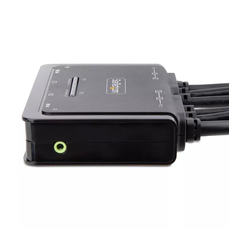 StarTech.com 2-portový KVM switch s DisplayPort káblom pre dva monitory, 4K 60Hz, kompaktný KVM switch s integrovanými 1,5 m USB-A/DisplayPort/audio káblami, napájaný zbernicou – prepínanie diaľkovým tlačidlom/hotkeymi