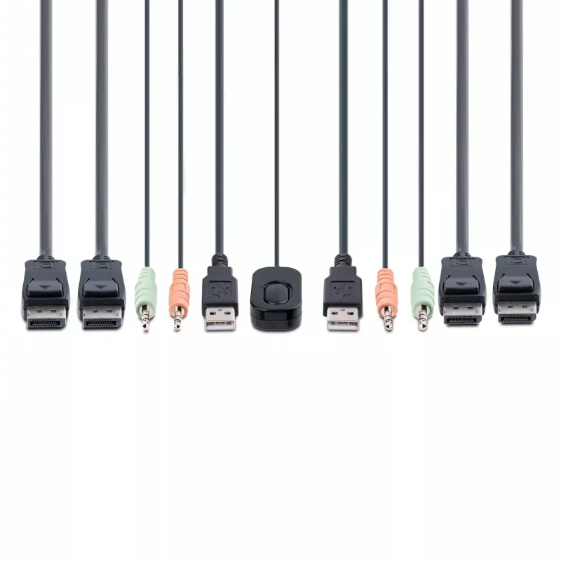 StarTech.com 2-portový KVM switch s DisplayPort káblom pre dva monitory, 4K 60Hz, kompaktný KVM switch s integrovanými 1,5 m USB-A/DisplayPort/audio káblami, napájaný zbernicou – prepínanie diaľkovým tlačidlom/hotkeymi