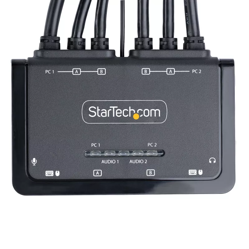 StarTech.com 2-portový KVM switch s DisplayPort káblom pre dva monitory, 4K 60Hz, kompaktný KVM switch s integrovanými 1,5 m USB-A/DisplayPort/audio káblami, napájaný zbernicou – prepínanie diaľkovým tlačidlom/hotkeymi