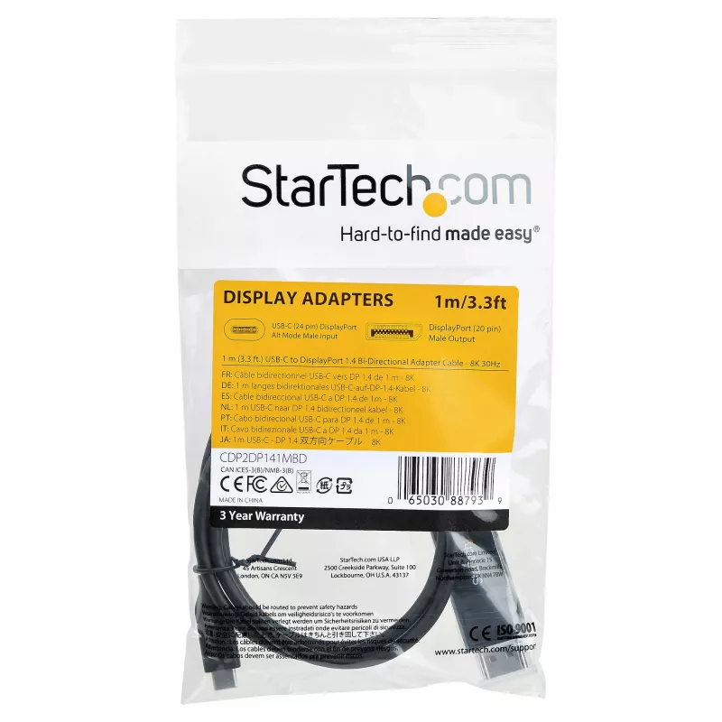 StarTech.com 1 m USB-C na DisplayPort 1.4 kábel 8K 60 Hz/4K – obojsmerný DP na USB-C alebo USB-C na DP reverzibilný video adaptér kábel – HBR3/HDR/DSC – USB Type-C/Thunderbolt monitor kábel