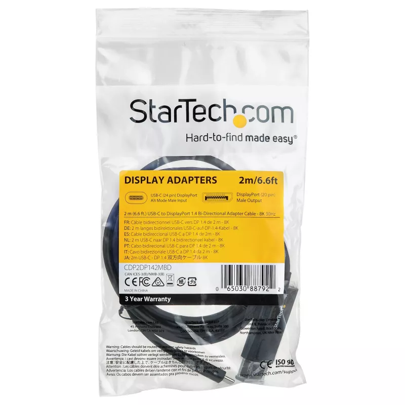 StarTech.com 2m USB-C na DisplayPort 1.4 kábel 8K 60Hz/4K - Obojsmerný DP na USB-C alebo USB-C na DP reverzibilný video adaptér kábel - HBR3/HDR/DSC - USB Type-C/Thunderbolt 3 monitor kábel (CDP2DP142MBD)