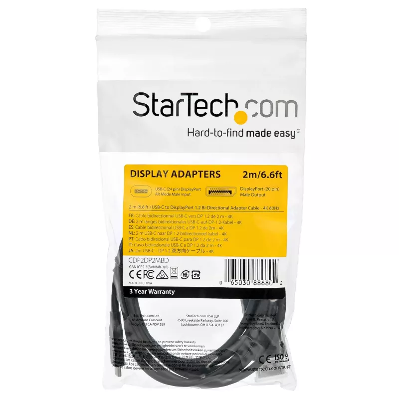 StarTech.com 6.6ft (2m) USB C na DisplayPort 1.2 kábel 4K 60Hz - Obojsmerný DP na USB-C alebo USB-C na DP reverzibilný video adaptér kábel - HBR2/HDR - USB Type C/Thunderbolt monitor kábel